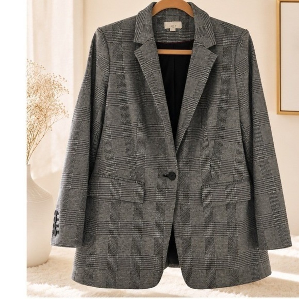 LOFT Blazer Petite 12P Glen Plaid Gray Black Notch Lapel Single-Breasted Jacket